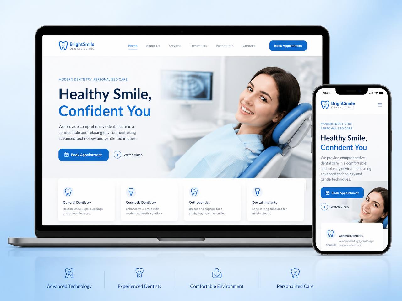 BrightSmile Dental Clinic website design shown on desktop & mobile