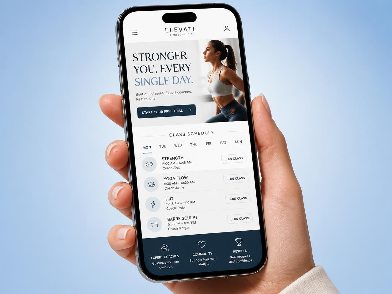 Elevate Fitness Studio website design shown on mobile